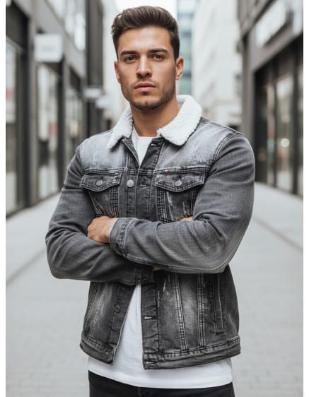 Pánska džínsová bunda s podšívkou a kožušinou, čierna