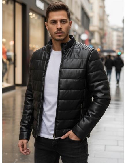 Pánska čierna prešívaná zimná bunda z umelej kože