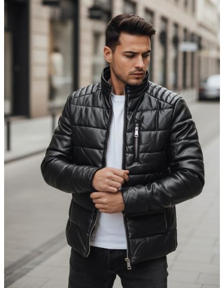 Pánska čierna zateplená bunda z umelej kože