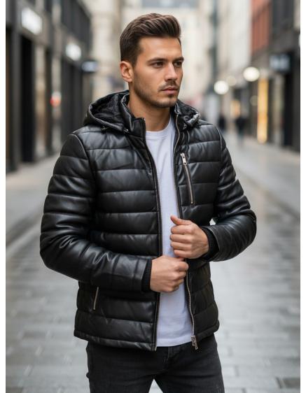 Pánska čierna prešívaná zimná bunda z umelej kože