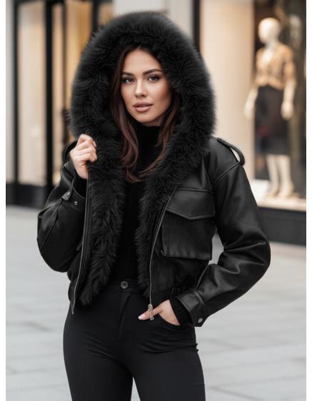 Dámska bunda z umelej kože s kožušinou SOFTREBEL, čierna