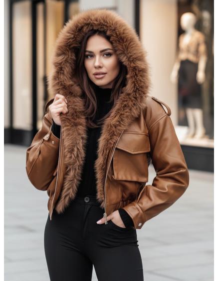 Dámska bunda z umelej kože s kožušinou SOFTREBEL hnedá