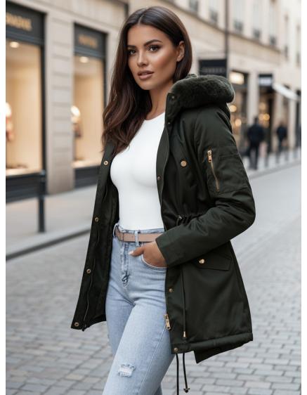 Dámska zimná bunda s kapucňou a kožušinou ERISS zelená