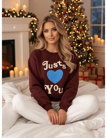 Női oversize pulóver JUST LOVE YOU nyomtatással, bordó