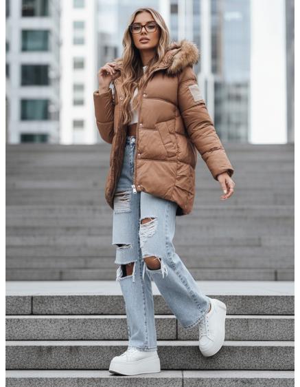 Dámska zimná prešívaná bunda s kapucňou, kamelová