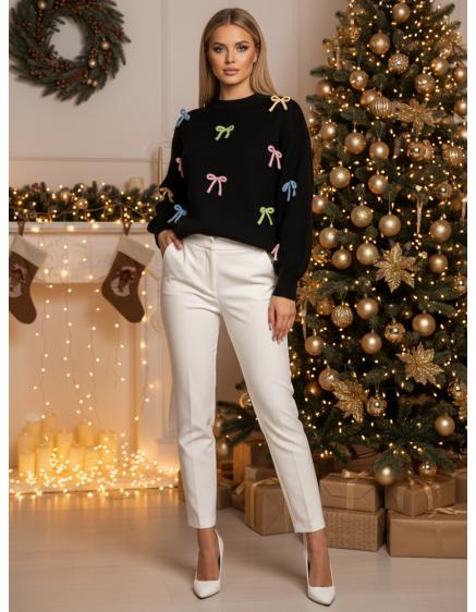 Női pulóver egy méretben, TIELUSH, kis masnikkal, fekete