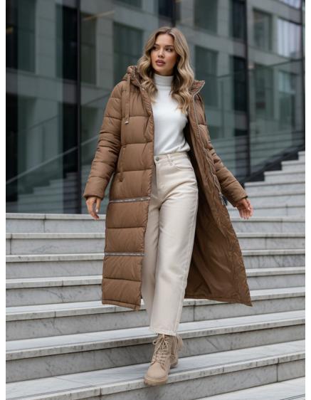 Női téli hosszú kabát, kamel