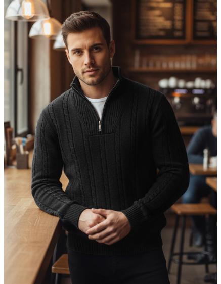 Férfi pulóver rollos gallérral, fekete színben