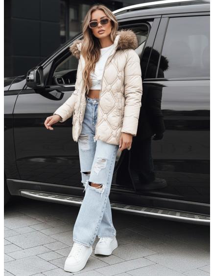 Dámská zimní bunda s kožešinou ecru
