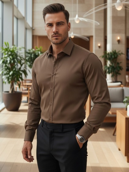 Férfi elegáns slim fit egyszínű ing, barna