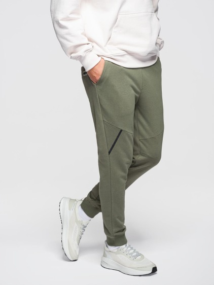 Férfi regular fit jogger melegítőnadrág rugalmas passzéval, olívazöld