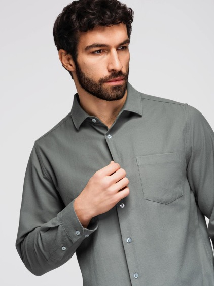 Pánska regular fit košeľa s dlhým rukávom a náprsným vreckom, khaki – fotografie produktu 2