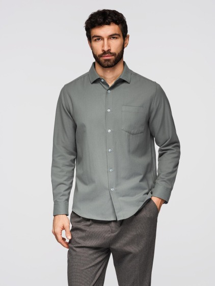 Pánska regular fit košeľa s dlhým rukávom a náprsným vreckom, khaki – fotografie produktu 3