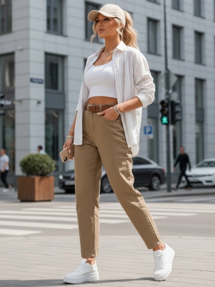 Dámské vysokopasové mom fit džíny s páskem, béžová – fotografie produktu 2
