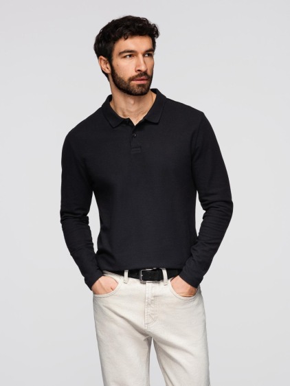 Férfi regular fit, hosszú ujjú galléros póló, fekete