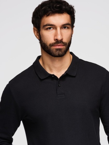 Férfi regular fit, hosszú ujjú galléros póló, fekete – fotografie produktu 2