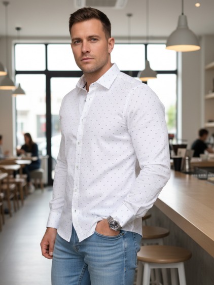 Férfi elegáns slim fit ing finom geometrikus mintával, fehér