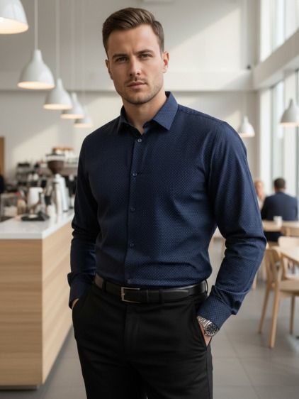 Férfi slim fit hosszú ujjú ing geometrikus mintával, sötétkék