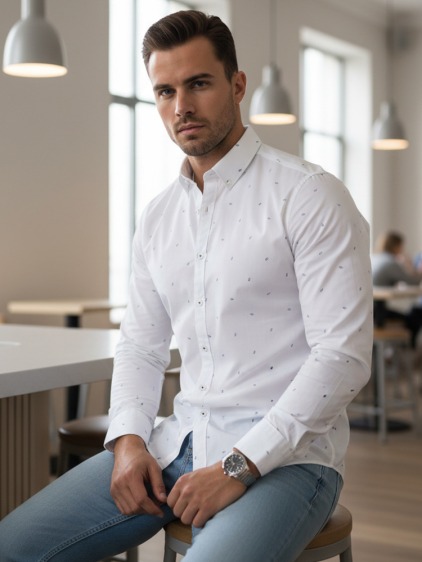 Férfi slim fit hosszú ujjú ing apró mintával, fehér
