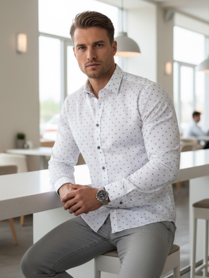 Férfi slim fit hosszú ujjú ing finom mintával, fehér