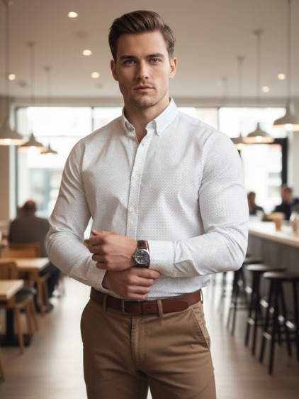 Férfi slim fit hosszú ujjú ing geometrikus mintával, fehér