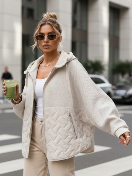 Dámska prechodná oversize bunda s kapucňou, ecru