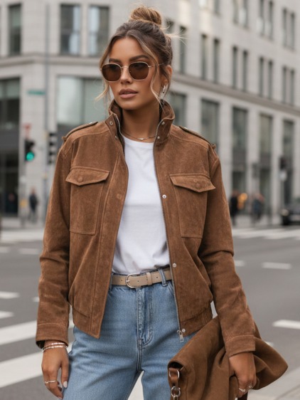 Dámská přechodová oversize bomber bunda se semišovým vzhledem, hnědá