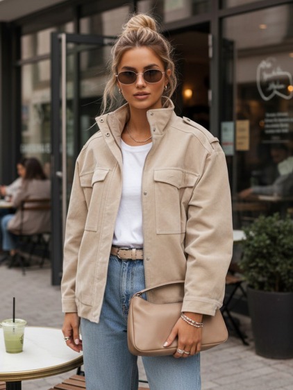 Dámská přechodová oversize bomber bunda se semišovým vzhledem, béžová