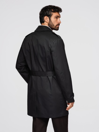 Férfi átmeneti slim fit kétsoros ballonkabát övvel, fekete – fotografie produktu 7