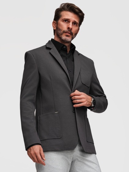 Pánské slim fit pletené sako se třemi předními kapsami a jemnou strukturou, tmavě šedé