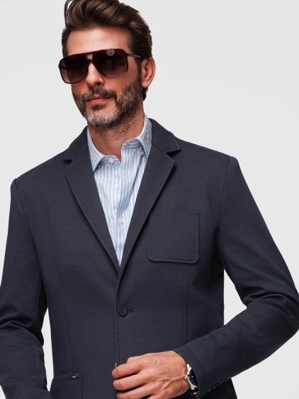 Pánské slim fit pletené sako se třemi předními kapsami a jemnou strukturou, námořnické modré