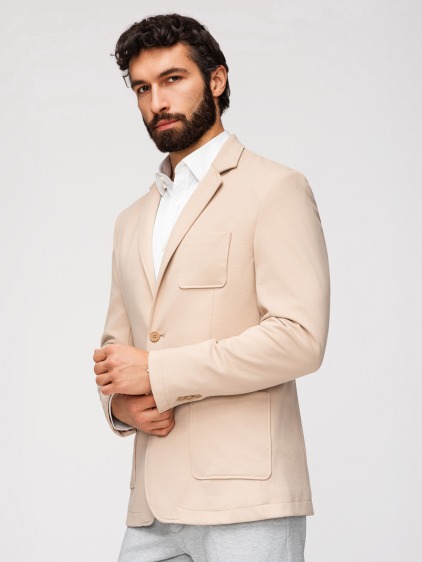 Pánské slim fit pletené sako se třemi předními kapsami a jemnou strukturou, béžové