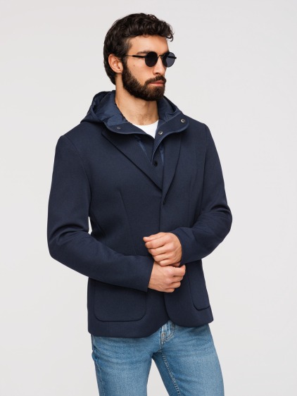 Pánské regular fit pletené sako s odnímatelnou kapucí a zapínáním na patentky, námořnické modré