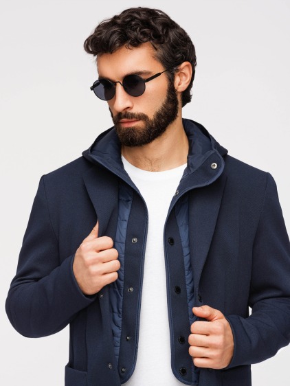 Pánské regular fit pletené sako s odnímatelnou kapucí a zapínáním na patentky, námořnické modré – fotografie produktu 5