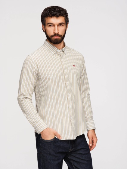 Pánská celoroční regular fit pruhovaná košile s dlouhým rukávem a button-down límečkem, béžová – fotografie produktu 2