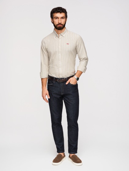 Pánská celoroční regular fit pruhovaná košile s dlouhým rukávem a button-down límečkem, béžová – fotografie produktu 3