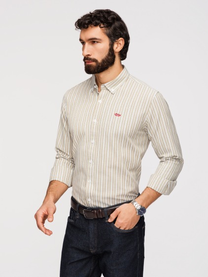 Pánská celoroční regular fit pruhovaná košile s dlouhým rukávem a button-down límečkem, béžová – fotografie produktu 6