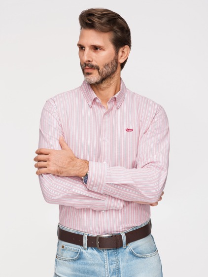 Pánská celoroční regular fit pruhovaná košile s dlouhým rukávem a button-down límečkem, růžová
