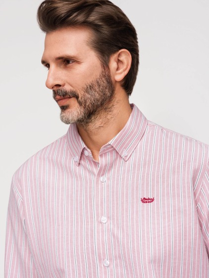 Pánská celoroční regular fit pruhovaná košile s dlouhým rukávem a button-down límečkem, růžová – fotografie produktu 2