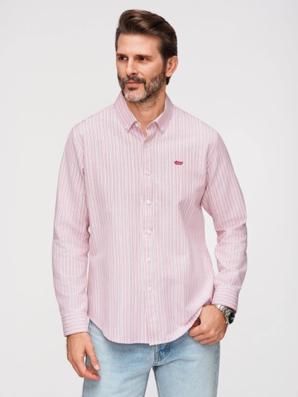 Pánská celoroční regular fit pruhovaná košile s dlouhým rukávem a button-down límečkem, růžová – fotografie produktu 3