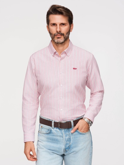 Pánská celoroční regular fit pruhovaná košile s dlouhým rukávem a button-down límečkem, růžová – fotografie produktu 6