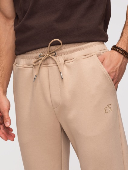 Pánské regular fit hladké pletené tepláky s pružným pasem a šňůrkou, béžové – fotografie produktu 2
