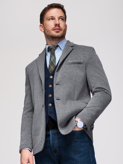 Pánské pletené slim fit sako s klasickými klopami a náprsní kapsou, tmavě šedé – fotografie produktu 3