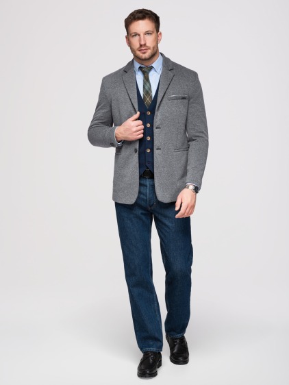 Pánské pletené slim fit sako s klasickými klopami a náprsní kapsou, tmavě šedé – fotografie produktu 4