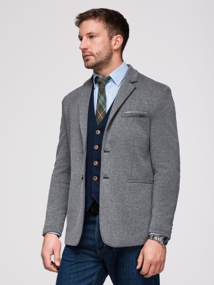 Pánské pletené slim fit sako s klasickými klopami a náprsní kapsou, tmavě šedé – fotografie produktu 7
