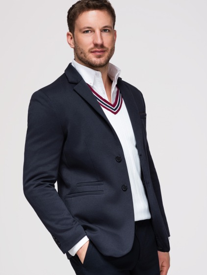 Pánské pletené slim fit sako s klasickými klopami a náprsní kapsou, námořnické modré