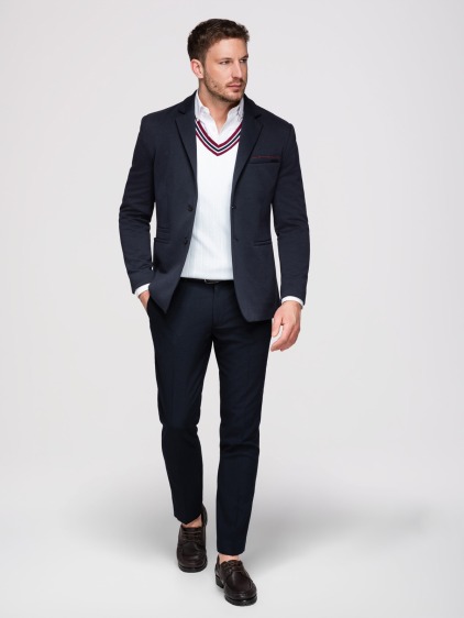 Pánské pletené slim fit sako s klasickými klopami a náprsní kapsou, námořnické modré – fotografie produktu 3
