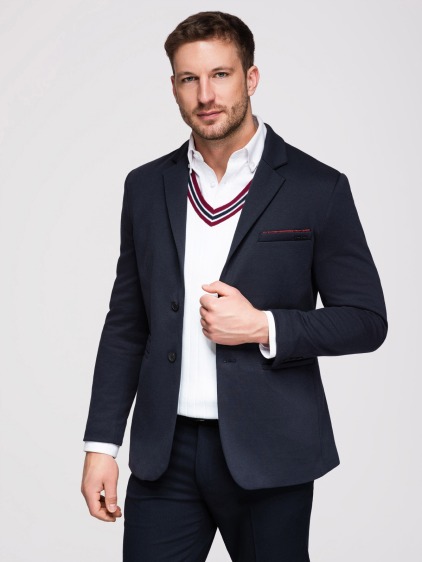 Pánské pletené slim fit sako s klasickými klopami a náprsní kapsou, námořnické modré – fotografie produktu 7