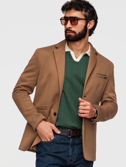 Pánské pletené slim fit sako s klasickými klopami a náprsní kapsou, hnědé