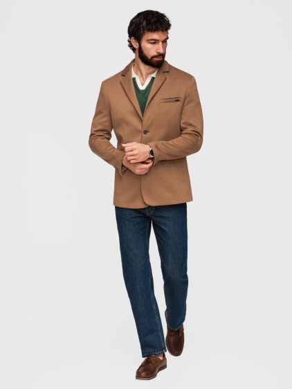 Pánské pletené slim fit sako s klasickými klopami a náprsní kapsou, hnědé – fotografie produktu 2